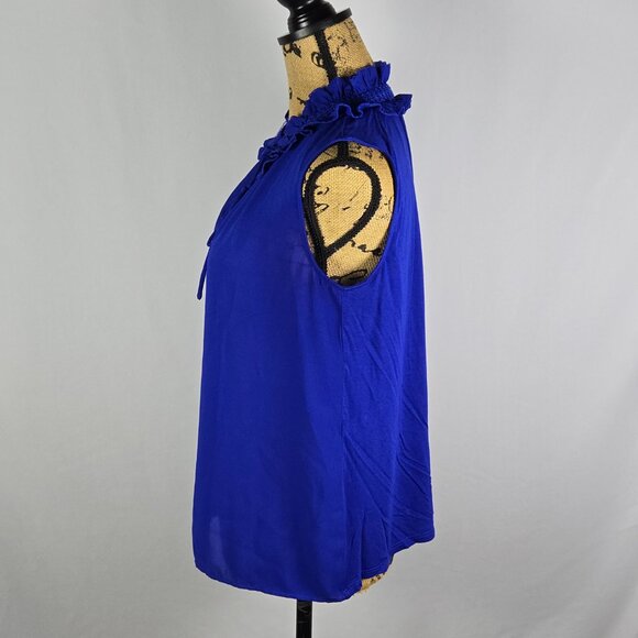 LOFT Royal‎ Blue Ruffle Tie Neck Sleeveless Blouse Romantic Feminine Sz M - Picture 2 of 11